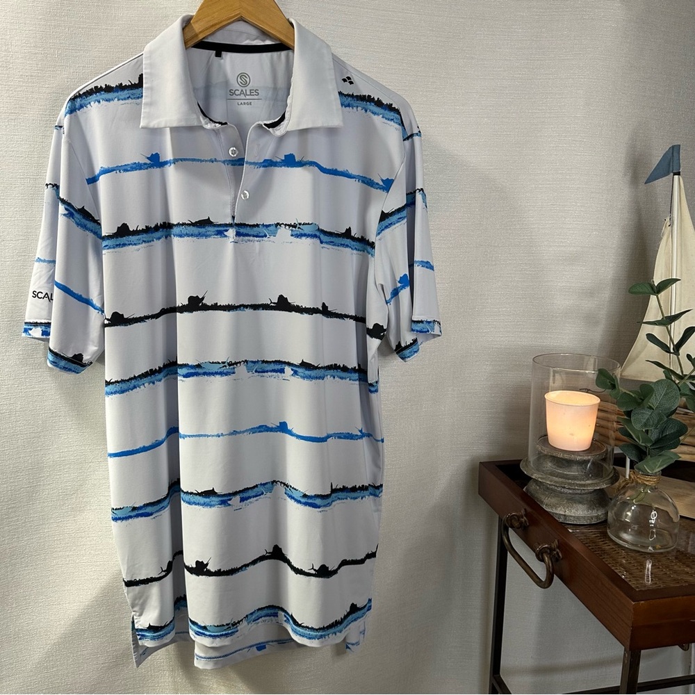 SCALES Marlin Striker Stripes Men’s Short Sleeve White Polo Size Large